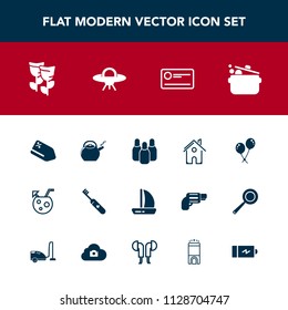 Modern, simple vector icon set with floral, estate, boat, wind, clean, ship, finance, juice, money, ufo, cone, cocktail, hygiene, cheque, blossom, architecture, birthday, sport, health, bowling icons
