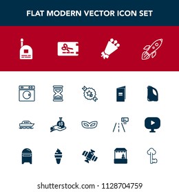 Modern, simple vector icon set with clock, ocean, machine, sand, paper, water, boy, shuttle, hour, money, flower, launch, rocket, washer, business, bag, book, child, celebration, decorative, fun icons