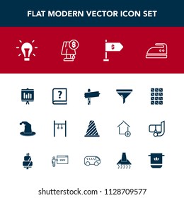 Modern, simple vector icon set with arrow, money, road, circus, clothes, domestic, graphic, document, dessert, location, filter, service, paper, sport, iron, business, light, electricity, pen icons