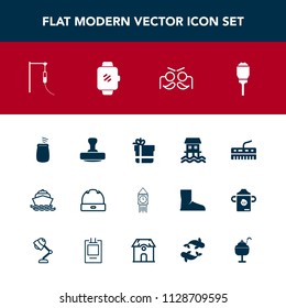 Modern, simple vector icon set with medical, lamp, mark, clock, tower, dessert, fashion, percussion, music, festival, city, lantern, gift, holiday, street, sea, bow, technology, houseboat, food icons
