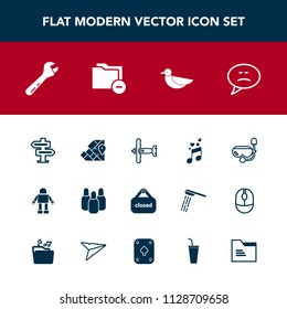 Modern, simple vector icon set with summer, sound, snorkel, doorknob, spanner, war, message, business, dont, technology, aircraft, ball, hammer, sea, speech, bubble, world, robot, door, banner icons