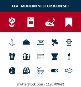 Modern, simple vector icon set with bicycle, message, fitness, photographer, delivery, floral, aircraft, bookmark, spring, service, wheel, speech, shirt, blank, helm, technology, sport, food icons