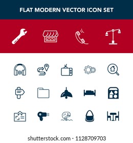 Modern, simple vector icon set with arrow, law, location, file, office, curtain, balance, technology, phone, audio, screen, judge, action, wrench, music, stereo, television, online, folder, shop icons