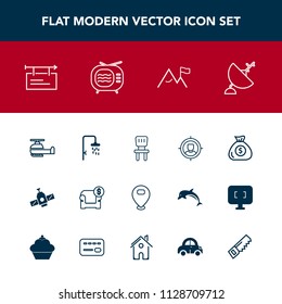 Modern, simple vector icon set with couch, bath, concept, chair, target, financial, air, blank, antenna, satellite, comfortable, technology, dish, station, communication, money, television, tv icons