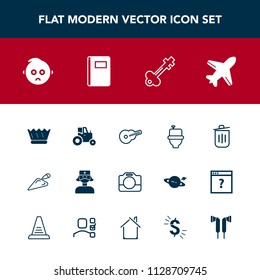 Modern, simple vector icon set with agricultural, health, equipment, recycling, bin, toilet, video, trash, airplane, nurse, guitar, camera, luxury, wc, medical, construction, restroom, bathroom icons