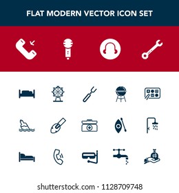 Modern, simple vector icon set with box, aid, hammer, chinese, furniture, button, bbq, drink, dinner, clean, water, bedroom, carousel, construction, cross, microphone, wheel, tool, spanner, food icons