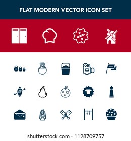 Modern, simple vector icon set with sailboat, cook, mill, chief, flag, equipment, video, food, handle, country, medicine, camera, energy, moon, weight, water, fresh, laboratory, fruit, film icons