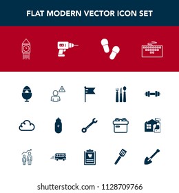 Modern, simple vector icon set with computer, work, wrench, ben, alarm, spring, slipper, clock, shovel, lifestyle, fork, footwear, construction, big, network, flag, decoration, fitness, pan, gym icons