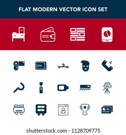 Modern, simple vector icon set with cloakroom, mobile, furniture, business, sign, sickle, style, camera, phone, graph, interior, finance, hanger, home, cash, agriculture, liquid, photographer icons