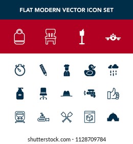Modern, simple vector icon set with soap, clock, airplane, interior, furniture, adventure, bag, travel, armchair, flight, liquid, water, rainy, departure, rubber, restaurant, chair, chief, timer icons
