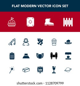 Modern, simple vector icon set with fishing, shop, crater, landscape, nature, bread, face, bin, drink, headwear, volcano, recycling, care, sport, garbage, fish, spring, rod, lady, can, wall, hat icons