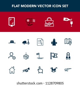 Modern, simple vector icon set with red, object, mexico, baja, package, street, hair, map, paper, glass, ride, leather, sign, texas, pin, document, alcohol, style, cowboy, banner, location, file icons