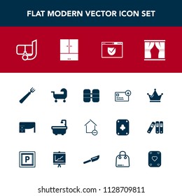 Modern, simple vector icon set with poker, water, sign, carriage, desk, toilet, sack, bathroom, money, house, curtain, property, work, check, play, fork, home, spoon, baby, office, removal, game icons