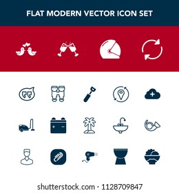 Modern, simple vector icon set with battery, rider, cloud, refresh, travel, equipment, dove, nature, sign, bird, housework, glass, drink, optical, bubble, view, animal, palm, message, motorbike icons