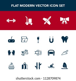 Modern, simple vector icon set with magnet, cell, wine, spaceship, sign, fitness, healthy, magnetic, dental, joystick, game, drink, fashion, delivery, dentist, glove, energy, box, rocket, gym icons