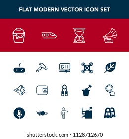 Modern, simple vector icon set with airplane, bucket, person, timer, shovel, control, drone, nature, cash, hour, gramophone, vintage, clean, game, purse, plane, natural, handle, player, train icons