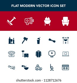 Modern, simple vector icon set with drink, sofa, clothing, fireplace, beverage, tape, campfire, loud, bow, barbecue, tool, cell, axe, rake, bed, garden, glass, megaphone, sound, armchair, cup icons