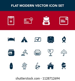 Modern, simple vector icon set with courthouse, legal, school, bonfire, clothing, backpack, hot, sack, glass, outdoor, jar, barbecue, law, download, meat, tent, travel, chat, food, double, flame icons