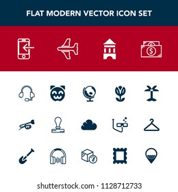 Modern, simple vector icon set with finance, world, transfer, palm, currency, map, cute, travel, mobile, headset, global, globe, blossom, money, summer, planet, phone, cash, spring, sound, leaf icons