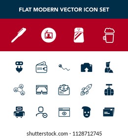 Modern, simple vector icon set with wallet, cash, plug, wear, bar, seasoning, summer, pen, money, joy, power, shorts, television, mail, alcohol, stationery, finance, upload, restaurant, spice icons