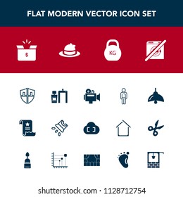 Modern, simple vector icon set with light, male, box, screen, electricity, dont, boy, cloud, headwear, camera, machine, clothing, shield, protection, handle, paper, document, wash, package, film icons