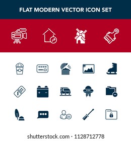 Modern, simple vector icon set with camera, full, row, cup, lens, cafe, bank, ice, battery, balance, train, transportation, van, winter, play, drink, , video, credit, energy, picture, white icons