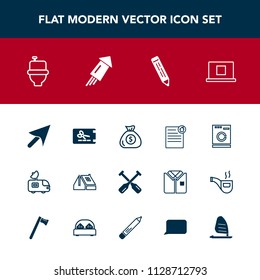 Modern, simple vector icon set with real, financial, water, construction, antenna, washer, canoe, satellite, house, home, appliance, roof, finance, sign, cursor, celebration, paddle, television icons