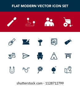 Modern, simple vector icon set with shovel, dinner, transportation, armchair, web, human, point, people, safety, safe, map, car, email, tower, message, security, communication, chemistry, travel icons