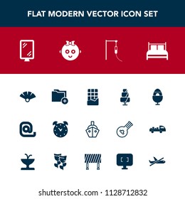 Modern, simple vector icon set with traditional, doughnut, boat, alarm, childhood, bedroom, folder, sweet, banner, food, medical, child, ship, hour, clock, easter, chocolate, sensu, bed, mail icons