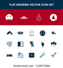 Modern, simple vector icon set with safety, cabinet, security, alien, folk, fear, furniture, camera, collection, love, ghost, remove, instrument, space, scary, user, halloween, snorkel, mask icons