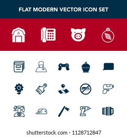 Modern, simple vector icon set with farming, hotel, floral, wood, paintbrush, compass, play, staple, spring, natural, pork, nature, north, bellhop, animal, brush, paint, white, pie, dessert, pig icons