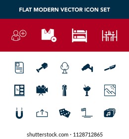 Modern, simple vector icon set with landscape, identity, dress, female, interior, video, id, tool, camera, equipment, shirt, environment, music, fashion, surveillance, construction, coffee, sign icons
