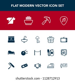 Modern, simple vector icon set with shirt, present, musical, supermarket, sport, key, white, holiday, construction, clothes, faucet, interior, bowling, television, room, fun, fence, bathroom, tv icons