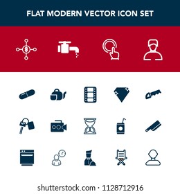 Modern, simple vector icon set with time, gem, male, work, movie, camera, hour, hand, medical, construction, finger, film, touch, automobile, water, tea, entertainment, finance, diamond, car icons