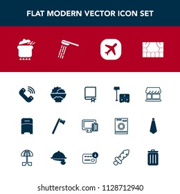 Modern, simple vector icon set with shower, dish, pot, call, tool, equipment, water, table, agriculture, bath, rice, bed, card, shop, travel, wrench, food, plane, curtain, white, button, meal icons