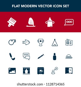 Modern, simple vector icon set with winner, antenna, speech, adventure, white, signal, plastic, wind, milk, ocean, message, paint, brush, sea, cooking, soup, kitchen, award, tent, food, referee icons