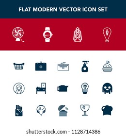 Modern, simple vector icon set with pesticide, basket, keyboard, home, bread, fan, woman, caffeine, lady, laptop, sandwich, face, lamp, interior, tomato, coffee, pin, market, cabinet, young, air icons