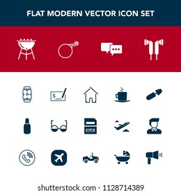 Modern, simple vector icon set with hand, brush, business, coffee, barbecue, bubble, grill, eye, cappuccino, cup, speech, file, bbq, sport, save, data, ball, drink, estate, cone, fashion, clock icons