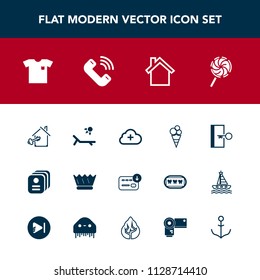Modern, simple vector icon set with finance, id, key, cream, royal, food, estate, call, new, sign, house, add, property, door, sack, white, lollipop, mobile, phone, king, identity, home, shirt icons