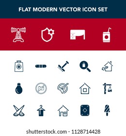 Modern, simple vector icon set with string, technology, health, estate, office, glass, desk, folk, table, clothes, rake, sign, beverage, buy, forbidden, gift, woman, liquid, energy, gardening icons