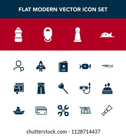 Modern, simple vector icon set with vacation, internet, female, search, strike, lollipop, hit, computer, favorite, cooking, travel, kitchen, water, rocket, sweet, fish, food, web, bottle, pants icons