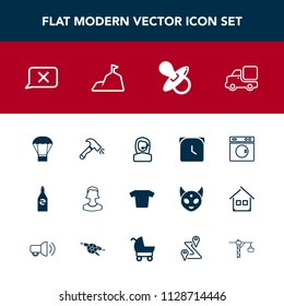 Modern, simple vector icon set with machine, mountain, watch, beverage, chat, clock, landscape, nature, office, human, construction, transportation, call, equipment, drink, washer, time, baby icons