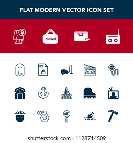 Modern, simple vector icon set with horror, equipment, media, light, interior, record, fun, halloween, joy, lamp, list, boat, summer, natural, audio, supermarket, housework, sale, farming, music icons