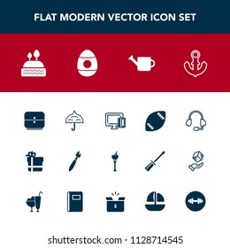 Modern, simple vector icon set with american, sweet, shopping, cake, drawer, gardening, doughnut, food, headset, plant, card, boat, football, microphone, brush, paint, anchor, dessert, ice, bow icons