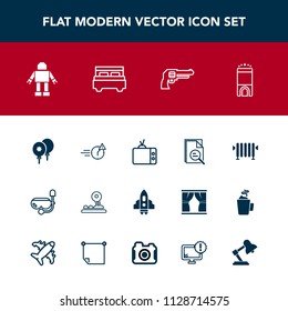 Modern, simple vector icon set with tool, hot, sea, gun, rocket, handgun, bed, space, revolver, home, television, summer, robot, celebration, tv, luxury, button, water, weapon, room, mask, video icons