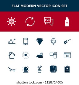 Modern, simple vector icon set with microphone, mobile, planet, aroma, stats, musical, guitar, system, construction, song, gem, white, space, phone, data, wheel, jewel, music, machinery, voice icons