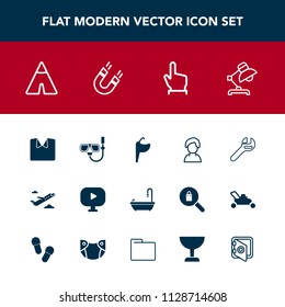 Modern, simple vector icon set with faucet, new, fashion, spanner, airplane, wrench, profile, flight, female, touch, clothing, summer, plane, sea, video, tap, hand, adventure, lamp, person, camp icons