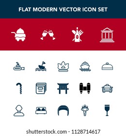 Modern, simple vector icon set with sweet, japanese, shrine, hotel, royal, queen, helmet, japan, education, boat, service, library, business, trip, bed, lollipop, food, water, glass, room, drink icons