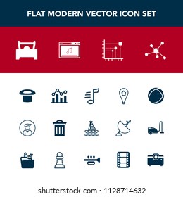 Modern, simple vector icon set with projector, box, chess, vehicle, boy, garbage, technology, man, horse, hat, sound, entertainment, melody, male, video, data, atom, waste, film, car, recycle icons