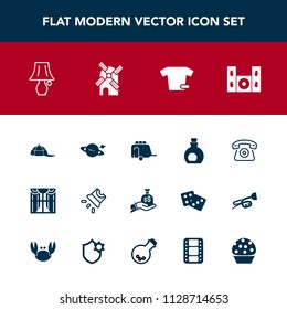 Modern, simple vector icon set with movie, oil, food, bulb, van, bag, window, home, fashion, clothing, hat, technology, planet, sack, healthy, saturn, mediterranean, mill, business, telephone icons